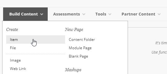 Screenshot of adding a Blackboard item