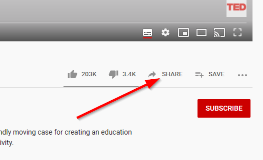 Screenshot of the share button on Youtube